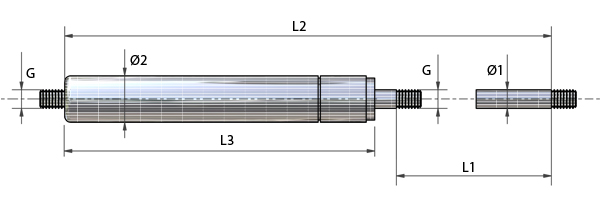 Tech Drawing - Food-grade (FDA) gas springs in 316 grade stainless steel